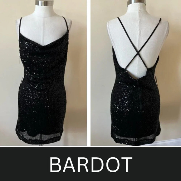 New! Bardot Black Spaghetti Strap Sequin Mini Dress nwt 26203 - Picture 1 of 10